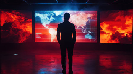 A businessman stands silhouetted in front of large digital screens displaying a world map in vibrant red tones, symbolizing innovation and global strategy.の素材