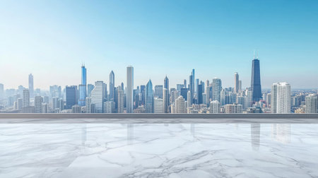 A stunning view of a modern city skyline under a clear blue sky. The foreground features a sleek marble floor, emphasizing the urban landscape.の素材