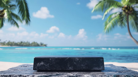 A minimalist stone display sits in focus against a stunning tropical beach backdrop. The serene ocean view features clear blue water, palm trees, and soft clouds.の素材