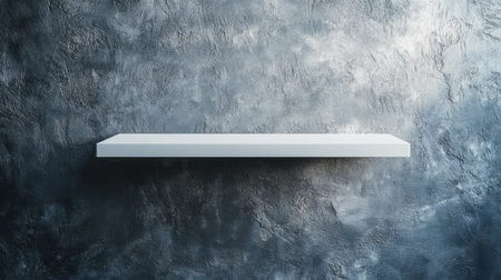 A sleek, modern white shelf set against a dark textured wall, perfect for showcasing decorative items or adding a minimalist touch to any room.の素材