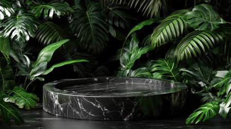 A stunning round black marble basin set against a backdrop of lush green foliage, creating a harmonious blend of modern elegance and natural beauty. Perfect for design inspiration.の素材