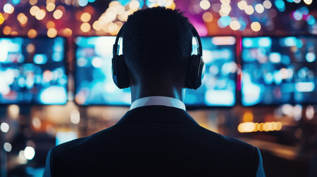 A businessman wearing headphones stands in front of colorful screens, focusing on technology and data analysis in a modern workspace, showcasing concentration and professionalism.の素材