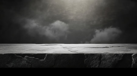 A dark stone surface under soft light with dramatic clouds above creates a moody atmosphere, ideal for backgrounds or artistic compositions.の素材