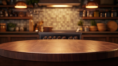 A cozy kitchen scene featuring a wooden table with warm lighting. Perfect for culinary themes, this image captures an inviting atmosphere ideal for home cooking.の素材