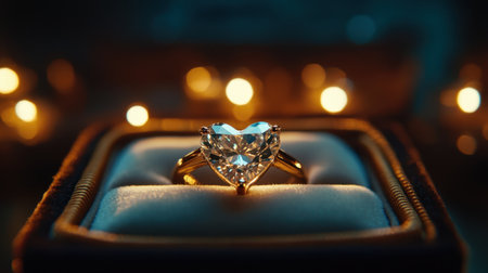 A breathtaking heart-shaped diamond ring displayed on plush fabric, surrounded by warm, glowing lights. Perfect for capturing moments of love and elegance.の素材
