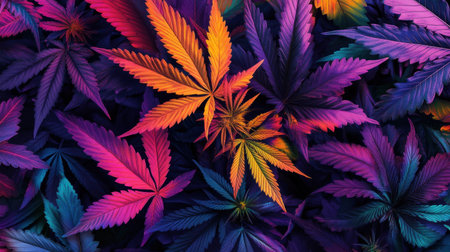 Explore a captivating array of vibrant cannabis leaves in shades of purple and orange. This artistic image showcases intricate textures and colors, perfect for creative projects.の素材