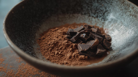 This close-up image features dark chocolate chunks and cocoa powder beautifully arranged in a rustic bowl, perfect for showcasing culinary delights.の素材