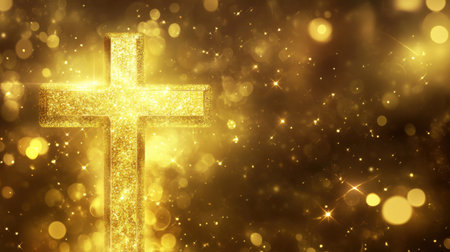 A shimmering golden cross stands out against a blurred golden bokeh background, symbolizing faith and spirituality with a radiant glow.の素材