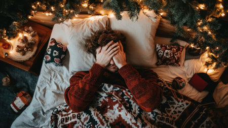 A young man rests in bed, surrounded by festive decorations and gentle lights, expressing emotions of comfort and relaxation during the holiday season.の素材