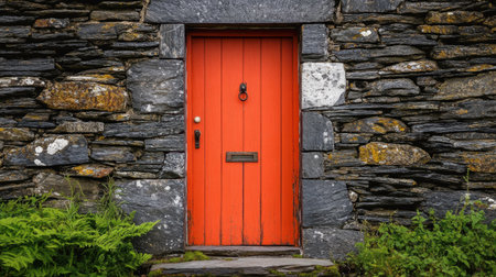 A charming rustic red door set against a textured stone wall, surrounded by lush greenery, creates a vibrant and inviting entrance to a rural home.の素材
