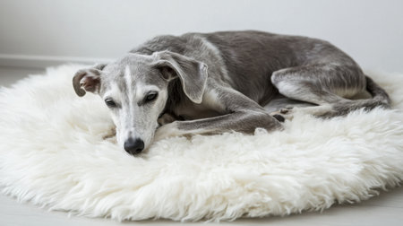 A grey dog comfortably relaxing on a fluffy round pet bed, showcasing a peaceful indoor atmosphere. Ideal for pet lovers seeking cozy home scenes.の素材