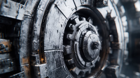 This close-up image showcases a metallic gear mechanism, highlighting intricate details and textures. Perfect for illustrating industry and technology themes.の素材