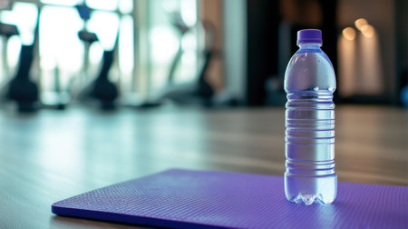 A clear water bottle rests on a vibrant exercise mat in a modern gym setting, symbolizing refreshment and hydration for fitness enthusiasts.の素材