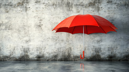 A vibrant red umbrella hanging against a textured concrete wall, creating a striking contrast that embodies simplicity and modern design. Perfect for artistic projects.の素材