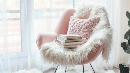 A cozy pink chair adorned with a soft faux fur throw and a stack of books. This inviting setup enhances the bright and stylish ambiance of the room.の素材