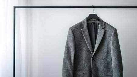 A stylish grey suit jacket displayed on a minimalist rack, showcasing modern fashion design and clean aesthetics. Perfect for elegant styling in various settings.の素材