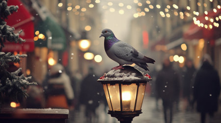 A serene winter scene featuring a pigeon perched on a lantern amidst soft snowflakes and glowing lights, capturing the charm of holiday festivities in an urban setting.の素材