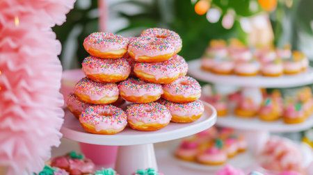 A vibrant display of colorful donuts coated in pink icing and rainbow sprinkles, perfect for a festive celebration or party atmosphere.の素材
