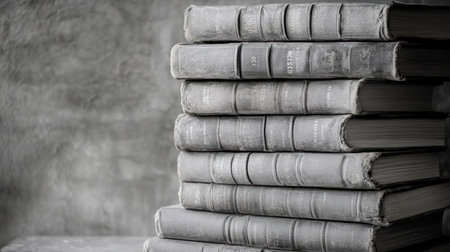 A stack of vintage books with worn covers resting against a textured gray background, showcasing their rich history and inviting readers to explore.の素材