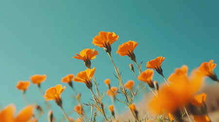A stunning array of vibrant orange flowers reaching towards a clear blue sky, capturing the essence of spring and natural beauty in a serene setting.の素材