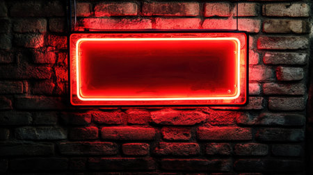 A vibrant red neon sign glows against a textured brick wall, creating an urban atmosphere. The blank sign offers potential for various creative uses and themes.の素材