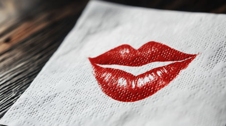 A close-up of a vivid red lipstick kiss mark on a white tissue napkin, set against a rustic wooden background, perfect for beauty or romance themes.の素材