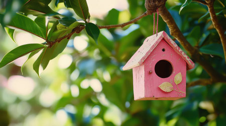 A delightful pink birdhouse gently hangs from a tree branch, surrounded by lush green foliage. This charming scene captures the essence of a cozy outdoor environment.の素材