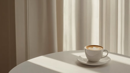 A beautiful coffee cup rests on a round table, embracing sunlight and shadows. Soft drapes in the background add a cozy and elegant touch to the serene atmosphere.の素材