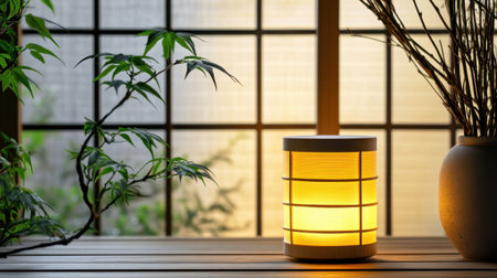 A warm decorative lamp emits a soft glow, surrounded by natural elements. This tranquil scene creates a serene atmosphere for any interior space.の素材