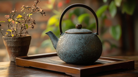 A beautifully crafted teapot rests on a wooden tray, surrounded by lush greenery. This serene still life captures the essence of tea culture and relaxation.の素材