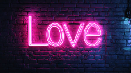 Bright neon sign displaying the word "Love" in vibrant pink light on a textured brick wall, perfect for expressing romance and warmth in any setting.の素材