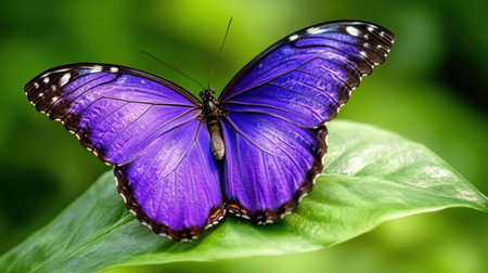 A stunning blue butterfly rests gracefully on a green leaf, showcasing its brilliant colors and delicate wings. The natural setting highlights the beauty of wildlife.の素材