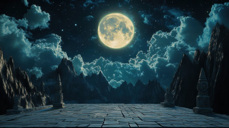 A captivating moonlit landscape showcasing majestic mountains under a starry sky. The serene atmosphere evokes a sense of tranquility and wonder.の素材