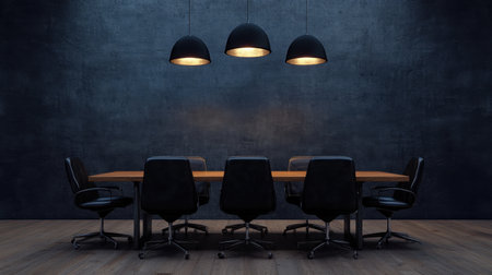 A stylish modern conference room featuring a sleek wooden table surrounded by black chairs, illuminated by pendant lamps, ideal for meetings.の素材