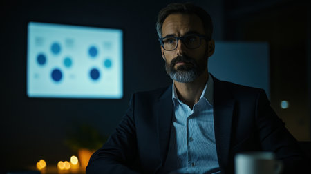 A focused businessman sits in a dark office environment, surrounded by charts and candles, showcasing dedication to data analysis and strategic planning.の素材