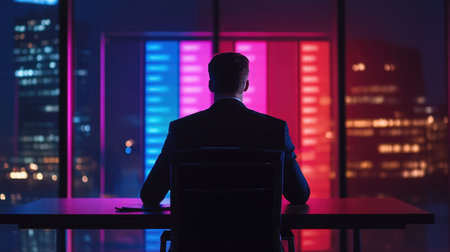 A businessman in a suit reflects on important decisions while seated in an office at night. The vibrant city lights create a striking contrast, evoking thoughts of innovation and strategy.の素材