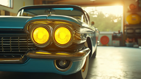 A stunning vintage car captured in a garage, showcasing its chrome details and unique headlights under warm sunlight, evoking nostalgia and classic elegance.の素材