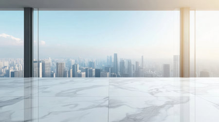 A bright and spacious modern office interior showcasing an impressive cityscape view through large glass windows, reflecting a harmonious blend of architecture and natural light.の素材