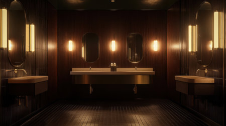 Explore a modern bathroom interior featuring elegant wood textures and stylish lighting. This serene space highlights contemporary aesthetics and clean design.の素材