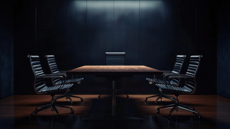A sleek conference room featuring a large wooden table and modern chairs in a low-light setting, ideal for meetings and professional discussions in a corporate environment.の素材