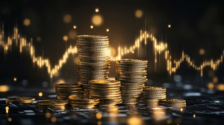 This image showcases stacks of shining golden coins against a backdrop of a financial chart, symbolizing wealth accumulation and market growth, perfect for finance-related themes.の素材