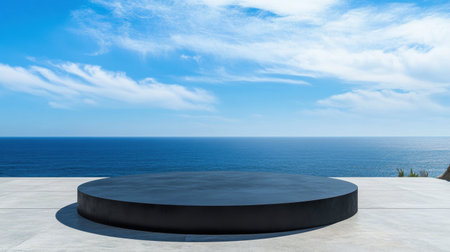A minimalist circular platform stands against the backdrop of a serene ocean and vast sky. The calmness of the scene invites relaxation and inspiration.の素材