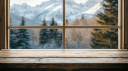 A cozy wooden table in focus, set against a breathtaking mountain view through a window. This serene scene captures the essence of relaxation and nature's beauty.の素材
