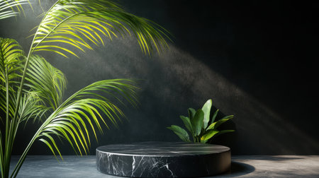 This image features lush greenery on a sleek marble stage set against a dark background, creating a harmonious blend of elegance and nature, perfect for decor inspiration.の素材