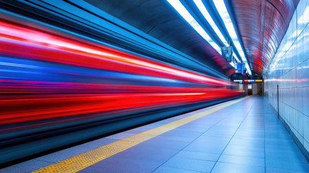 A vibrant capture showcasing the dynamic motion of a train in a modern subway station. Blurred lights highlight the speed and energy of urban transit.の素材