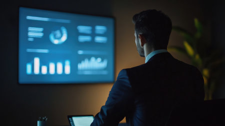 A business professional sits in a dark office, intently analyzing data on a bright screen. This modern setting emphasizes technological engagement and strategic planning.の素材