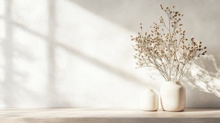 A minimalist arrangement featuring two elegant vases with dried branches, illuminated by soft natural light, creates a serene and stylish ambiance perfect for modern interior spaces.の素材