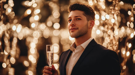 A confident young man stands with a champagne glass, surrounded by beautiful bokeh lights, embodying joy and celebration in an elegant atmosphere.の素材