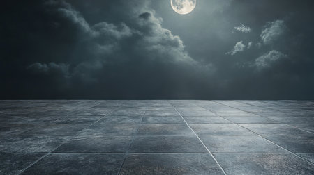 A captivating night scene featuring a bright moon above dramatic clouds, casting a serene light on a textured stone floor. Ideal for mood evocation.の素材
