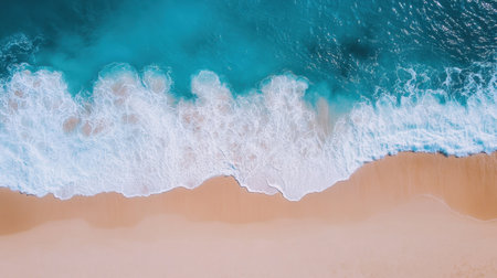 A stunning aerial view showcases gentle ocean waves lapping against a sandy shoreline. The bright blue water contrasts beautifully with the soft, golden sand.の素材